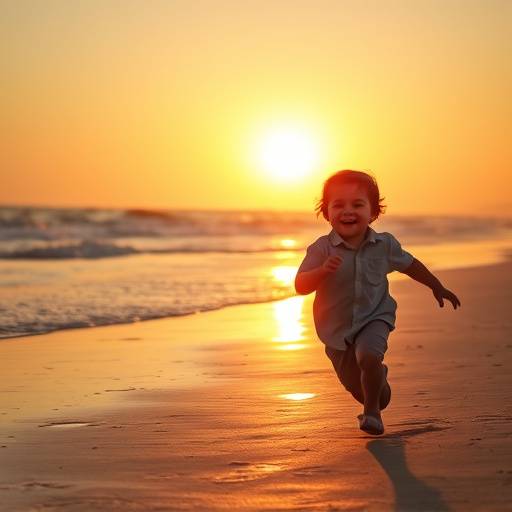 Bambino che ride mentre corre su una spiaggia al tramonto