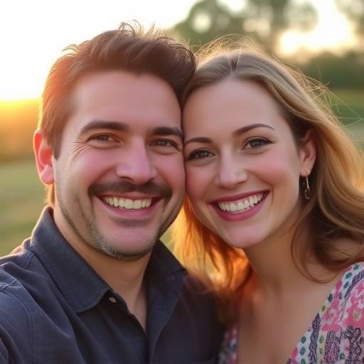 Coppia sorridente durante un servizio fotografico all'aperto