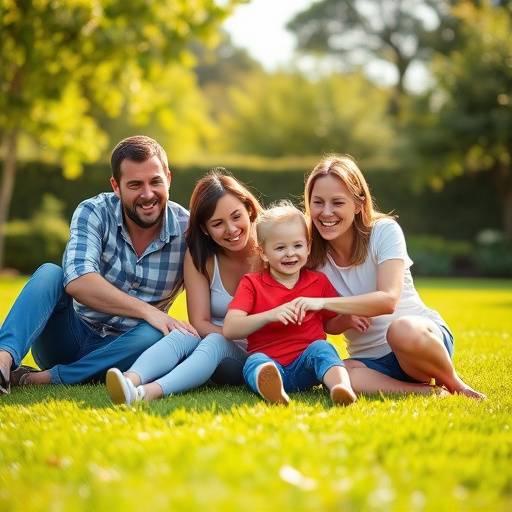Famiglia gioca felice su un prato durante un servizio fotografico all'aperto