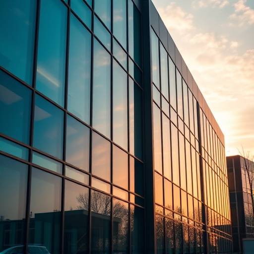 La facciata di un moderno edificio direzionale con ampie vetrate che riflettono il cielo azzurro dell'alba.