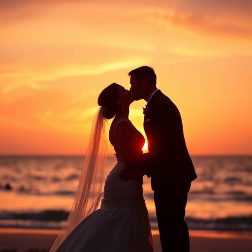 La silhouette di una coppia di sposi che si baciano su una spiaggia al tramonto, con il cielo dipinto di arancione e rosa.