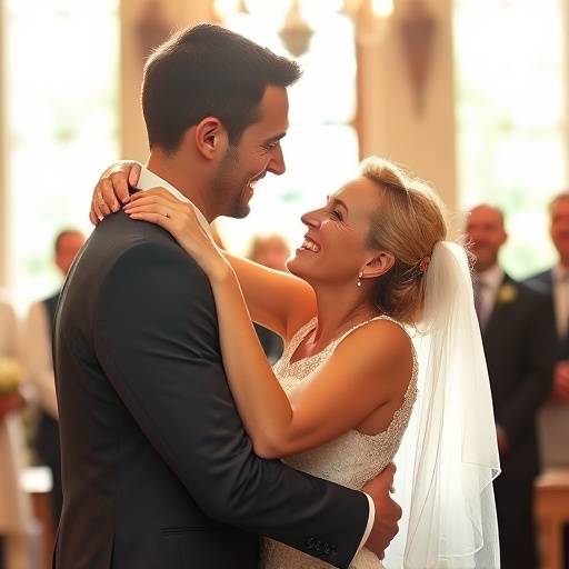 Momento di gioia durante un matrimonio, con gli sposi che si abbracciano