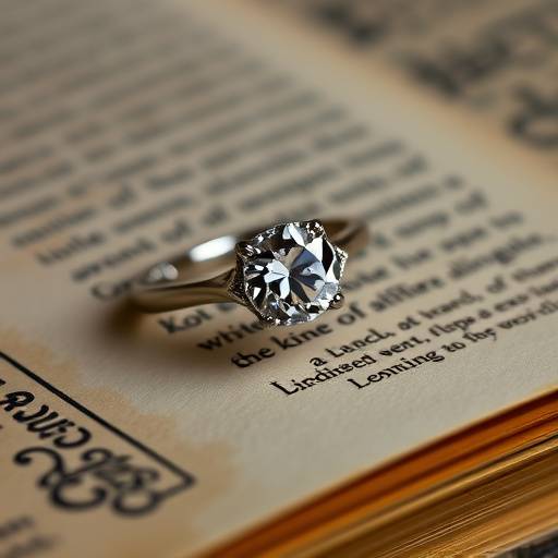 Primo piano dei dettagli preziosi di un anello di fidanzamento posato su un libro antico