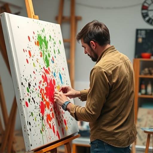 Un artista si concentra intensamente mentre muove il pennello su una tela, con macchie di colore visibili sui suoi vestiti.