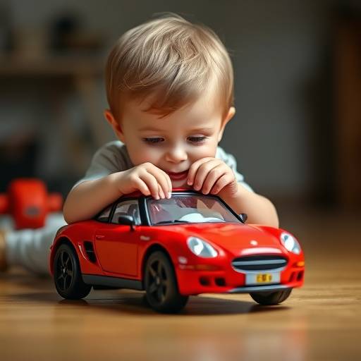 Un bambino intento a giocare con un'automobile giocattolo in uno studio fotografico luminoso