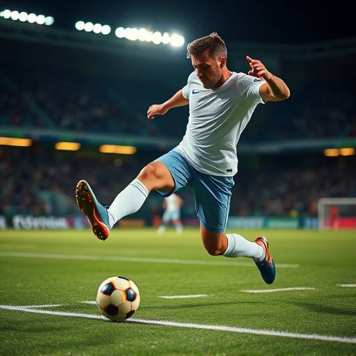 Un calciatore che calcia il pallone in una posa dinamica