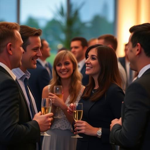 Un gruppo di professionisti engage in una conversazione animata durante un evento di networking serale, con luci soffuse e bicchieri di champagne.