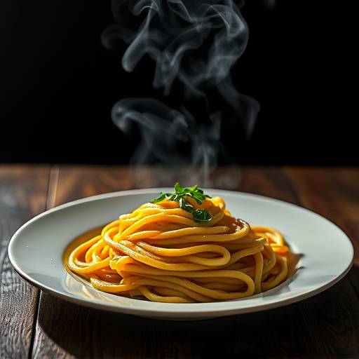 Un piatto di pasta fumante presentato in modo artistico