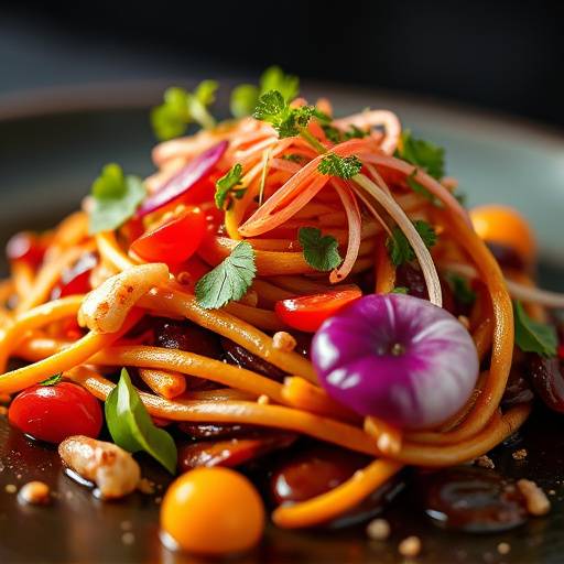 Un primo piano di un piatto gourmet splendidamente impiattato, con ingredienti freschi e colori vivaci, pronto per essere gustato.