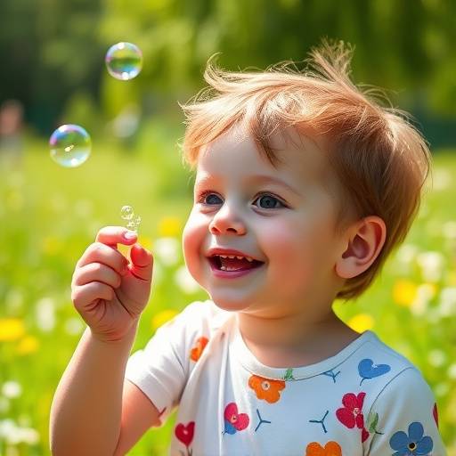 Una bambina con un sorriso radioso soffia bolle di sapone che fluttuano nell'aria baciata dal sole in un prato fiorito.