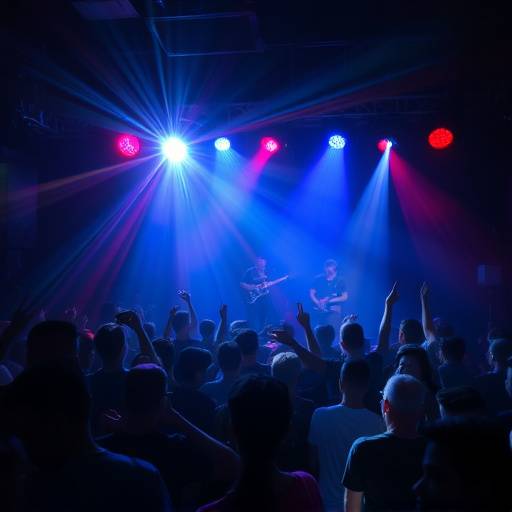 Una band dal vivo esegue un brano energico su un palco illuminato da luci stroboscopiche colorate, creando un'atmosfera elettrizzante.