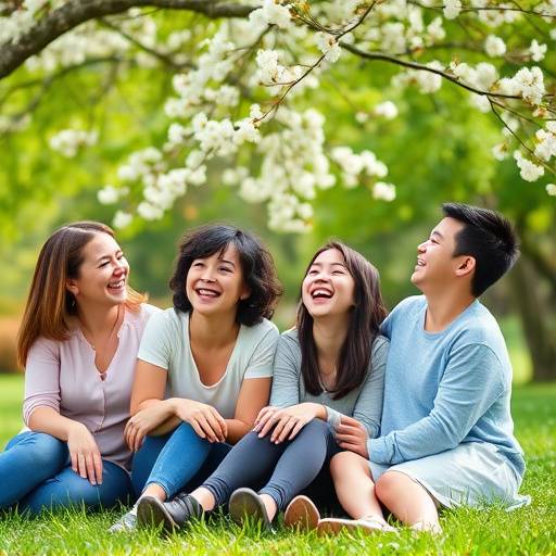 Una famiglia di quattro persone ride felice mentre gioca in un parco verdeggiante, sotto un albero fiorito.