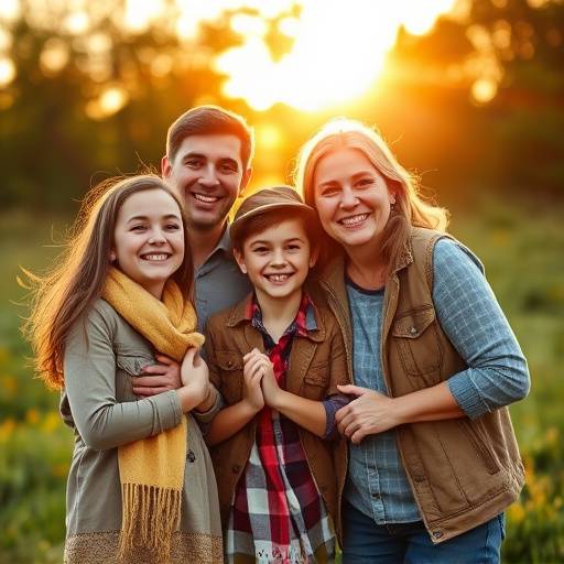 Una famiglia felice che posa per un ritratto all'aperto