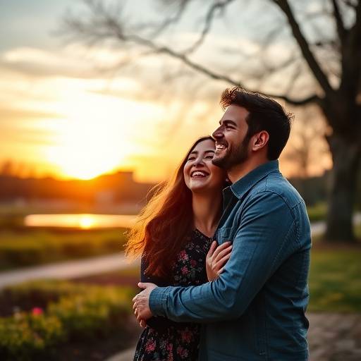 Una giovane coppia che ride felicemente durante una sessione fotografica in un parco romano al tramonto