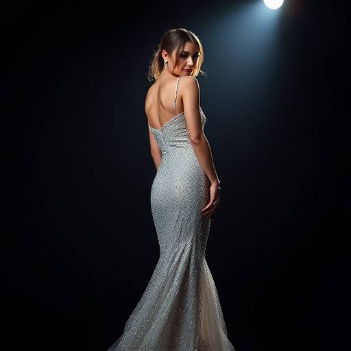 Una modella indossa un abito da sera scintillante, illuminata da un unico fascio di luce che accentua i suoi lineamenti nel buio dello studio.