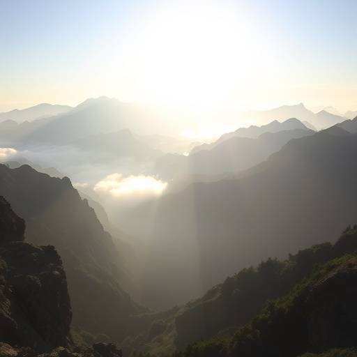 Vette montane avvolte in una fitta nebbia mattutina, con raggi di sole che cercano di farsi strada tra le nuvole.